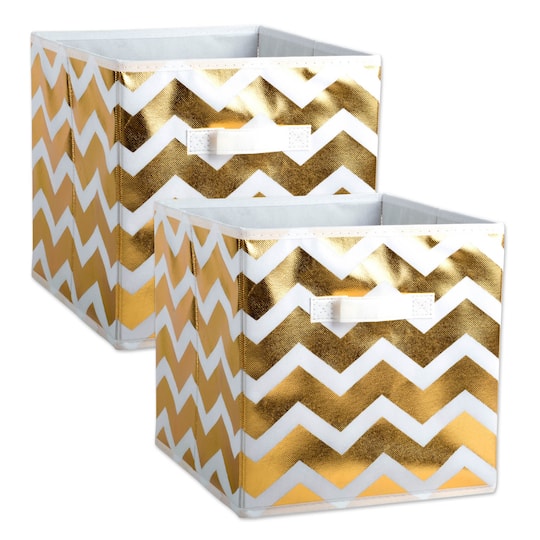 DII® 13" Nonwoven Polyester White & Gold Chevron Storage Cube, 2ct.